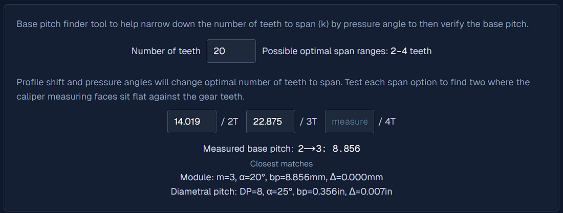 Base Pitch Table Lookup tool in GearGen.XYZ